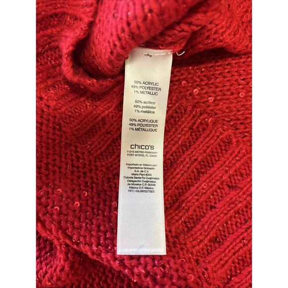 Chico's Red Sequin Sweater Size 2/Large Cowl Neck Shimmer 3/4 Sleeve Holiday - Picture 4 of 8